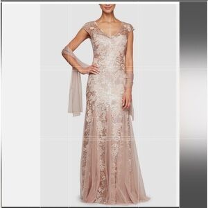 Alex Evenings Sequin Dress Sleeveless Shawl Gown Rose Gold